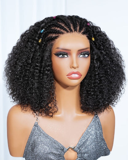 Arabella Boho Cornrow Braids 13x5 Lace Frontal Jerry Curly Bob Wig With Pre-Cut Lace Invisible Knots Natural Black Virgin Hair Wig