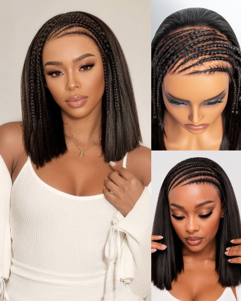 Arabella Fulani Cornrow Braids Wig Tyla Braided Bob Natural Black 13x5 Lace Frontal Straight Bob Wig