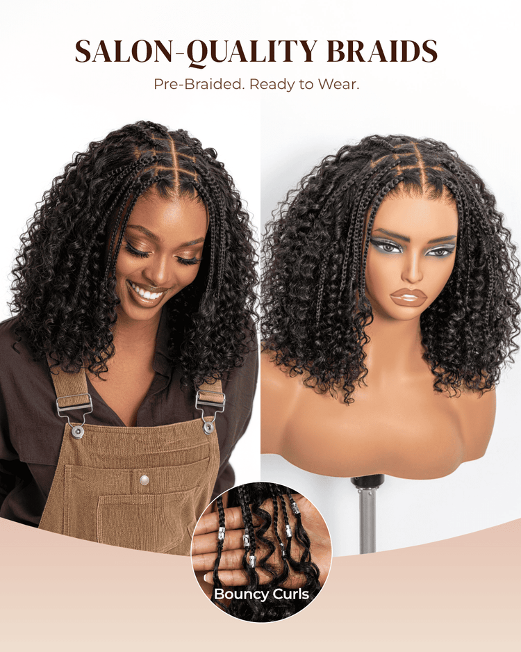 Arabella Zerowear™ Knotless Box Braids 14 Inches 13x6 HD Lace Frontal Boho Deep Curly Glueless Bob Wig With Drawstring Natural Black 100% Human Hair