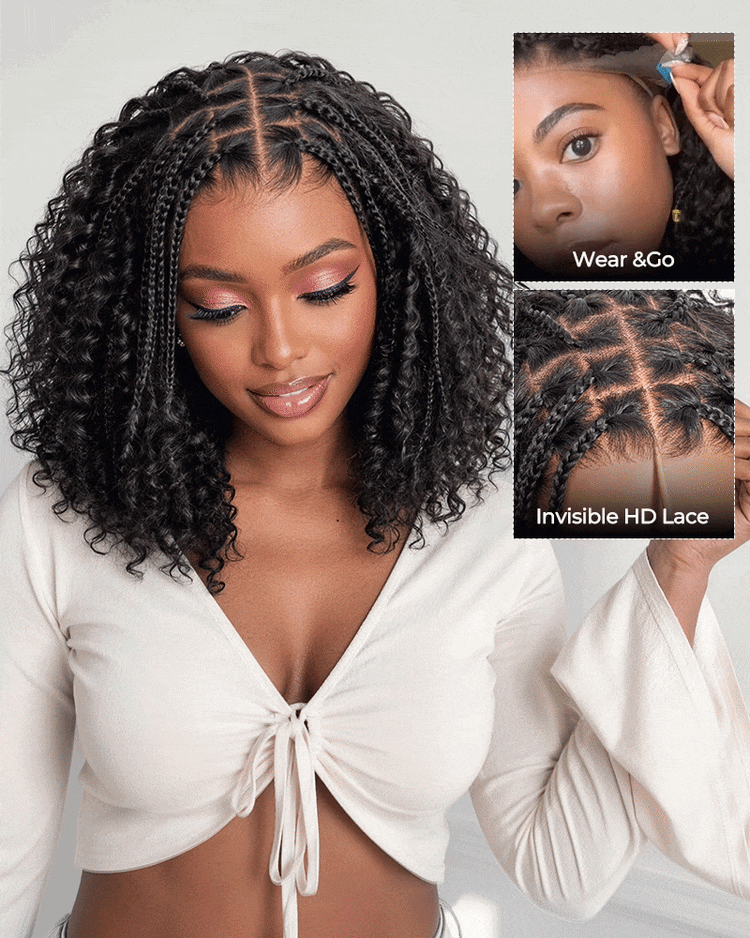 Arabella Zerowear™ Knotless Box Braids 14 Inches 13x6 HD Lace Frontal Boho Deep Curly Glueless Bob Wig With Drawstring Natural Black 100% Human Hair