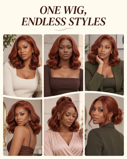 Arabella 13x6 Three-Go™ 280% High Density Body Wave Bob Invisible Knots Reddish Brown Glueless Beginner Friendly