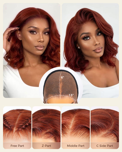 Arabella 13x6 Three-Go™ 280% High Density Body Wave Bob Invisible Knots Reddish Brown Glueless Beginner Friendly
