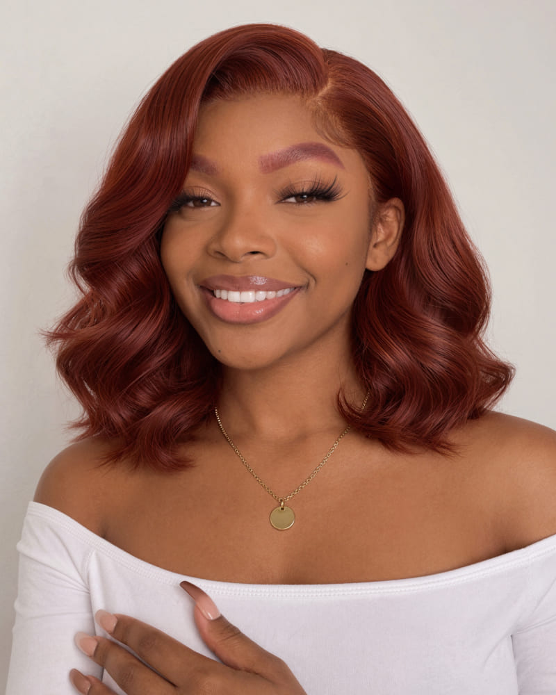Arabella 13x6 Three-Go™ 280% High Density Body Wave Bob Invisible Knots Reddish Brown Glueless Beginner Friendly