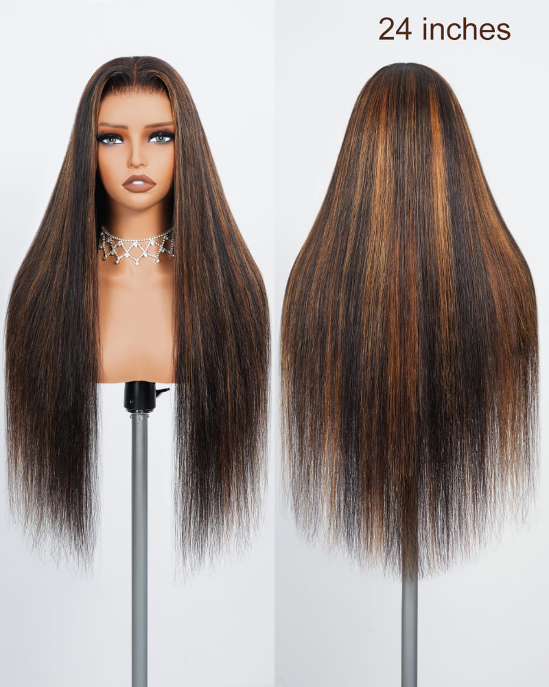 Arabella 6x5 invisible knots Glueless Auburn Highlights on Black Hair Body Wave Wig Invisible Knots Realistic Hairline