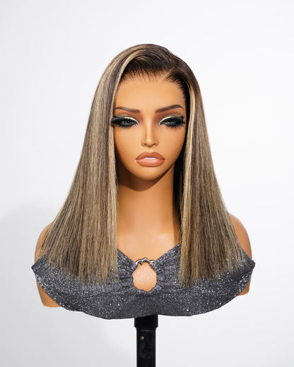 Arabella 13x6 Three-Go™ 250% High Density Ombre Platinum Blonde Balayage Highlights Old Money Bob Glueless Wig Straight Bob Wig  With Drawstring