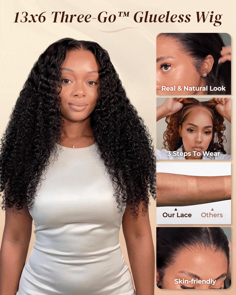 Arabella 13x6 Three-Go™ Natural Black Glueless Wig Jerry Curly with Burmese Curly With Drawstring 100% Human Hair Wig