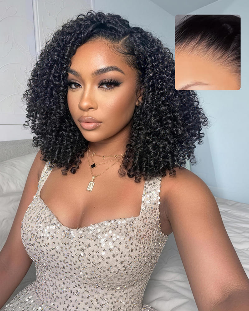 Arabella 13x5 Lace Glueless Pixie Curly Bob Wig With Pre-Cut Lace Invisible Knots Natural Black Virgin Hair Wig