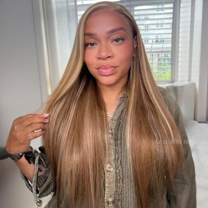 Arabella 6x5 Invisible Knots &amp; 13x4 Frontal Lace Blonde Khaki Highlight Straight Wig Invisible Knots Realistic Hairline