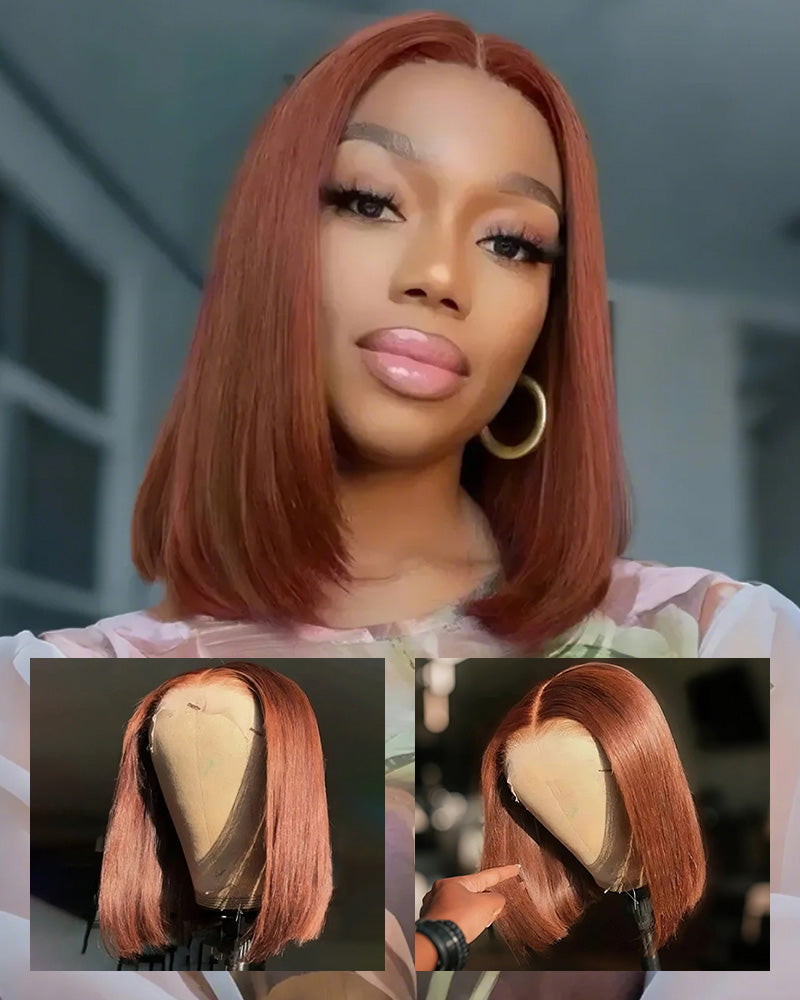Reddish Brown Auburn Color Straight Short Bob 6x5 Lace Front Human Hair Wigs