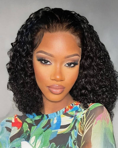000【Bogo Sale】Water Wave Natural Black Short Bob 13x4 Lace Front Human Hair Wig