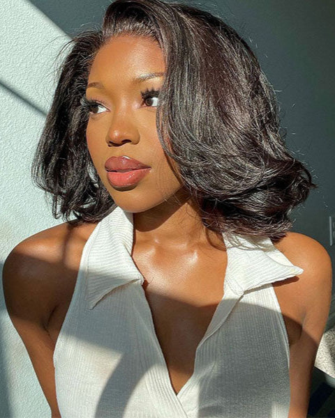 Spring Curly Natural Black Layered Short Bob 6x5 Pre-Cut Lace Human Hair Wig