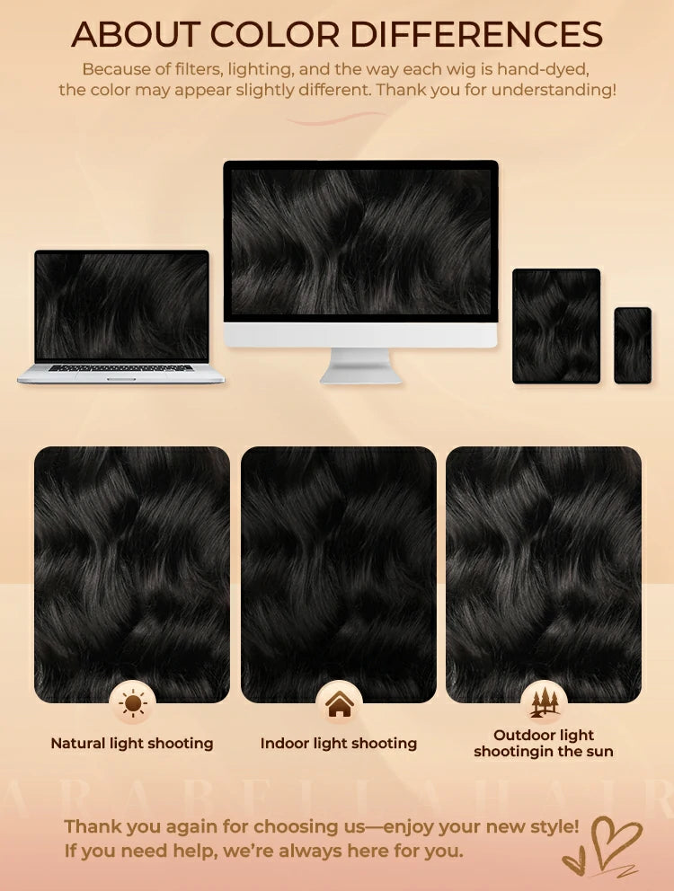 Color difference note: black human hair wig may look different on screens and lighting conditions