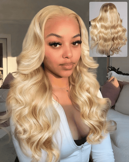 side view and back view: 13x6 lace front gluless loose body wave blonde wigs human hair arabella hair