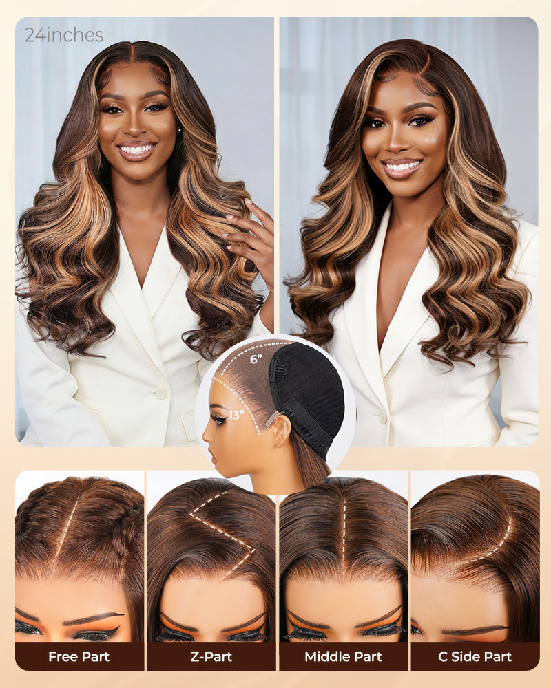 Arabella 13x6 Three-Go™ Chocolate Brown Skunk Stripe Glueless Wig Body Wave With Drawstring 100% Human Hair Wig