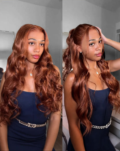 Arabella human hair wig—loose body wave curls and half-up style, ginger shade