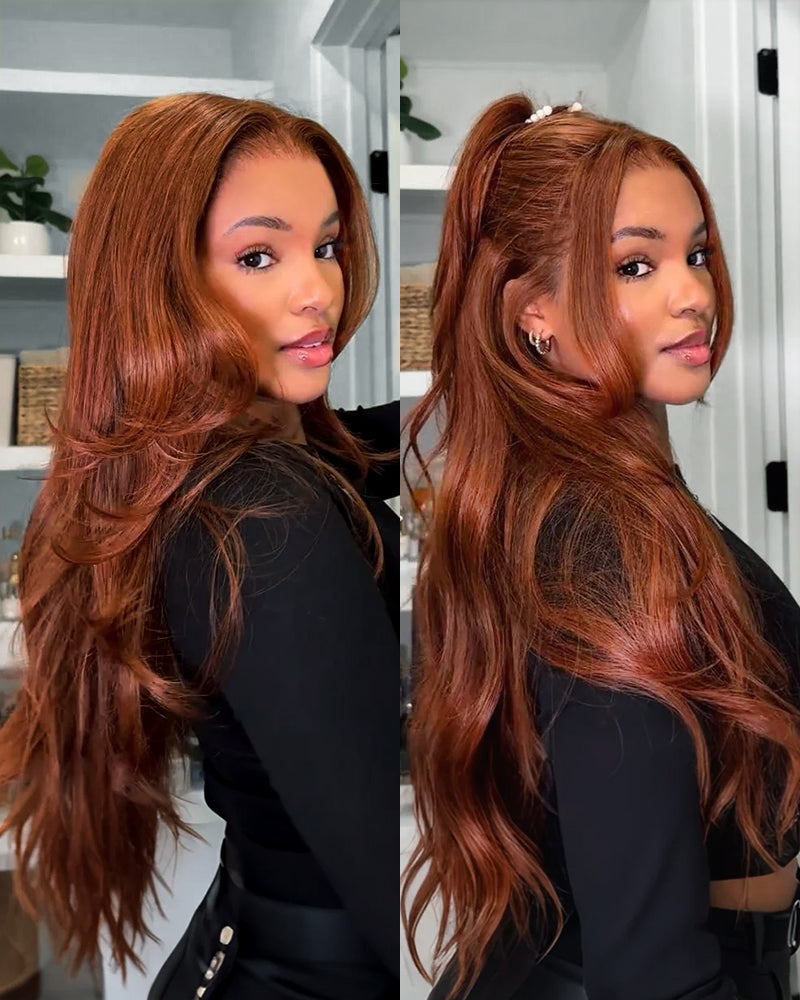 Arabella dark ginger 100% human hair wig, side view—2 styles, glueless wear