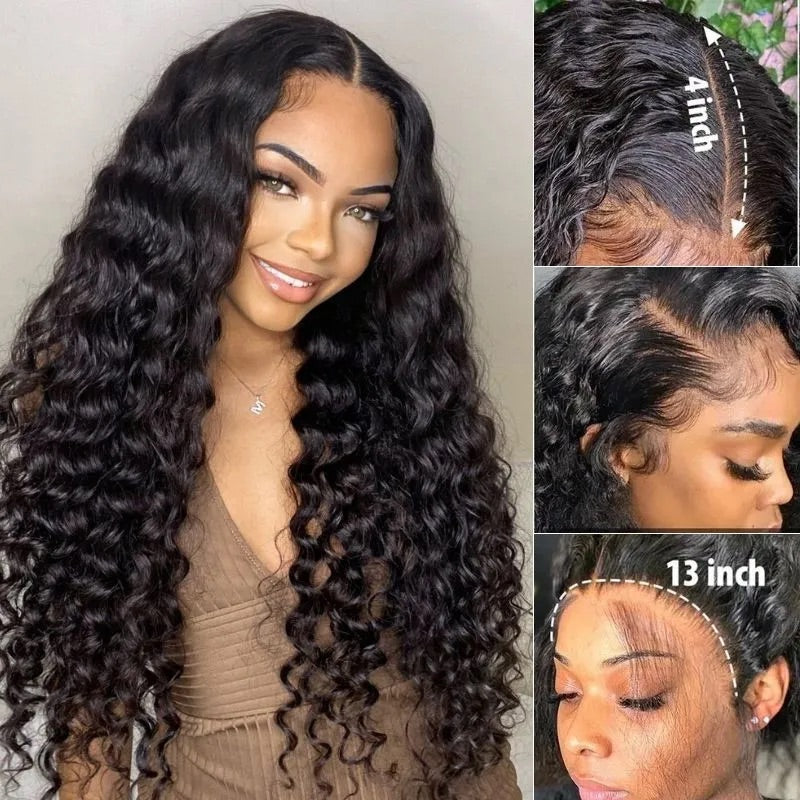 Arabella 6x5 Invisible Knots Glueless &amp; 13x4 Frontal Lace Deep Wave Wig Pre-cut Lace Natural Black Beginner Friendly