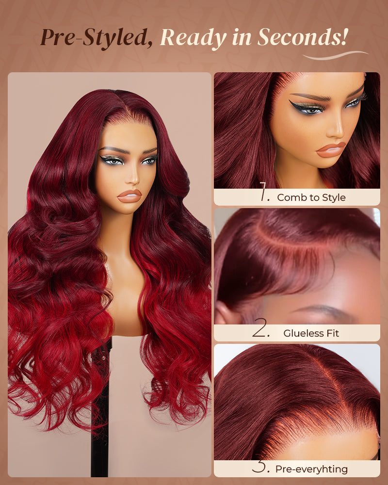 Arabella 13x6 Three-Go™ Cherry Red Ombre 99J39J Glueless Wig Loose Body Wave With Drawstring 100% Human Hair Wig