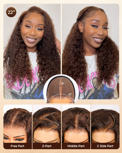 【$299 = 2 WIGS】Arabella 13x6 Three-Go™ Glueless Wig Dark Brown Highlights Burmese Curly With Drawstring