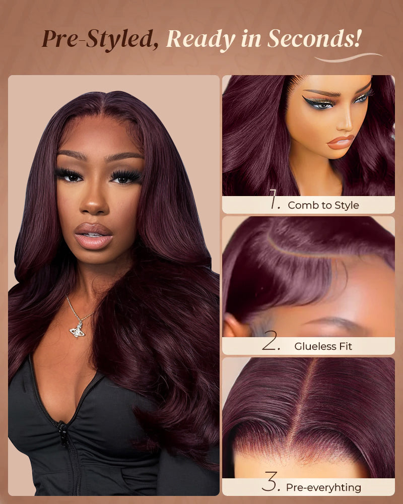 Arabella 13x6 Three-Go™ Dark Plum Glueless Wig Body Wave With Drawstring 100% Human Hair Wig