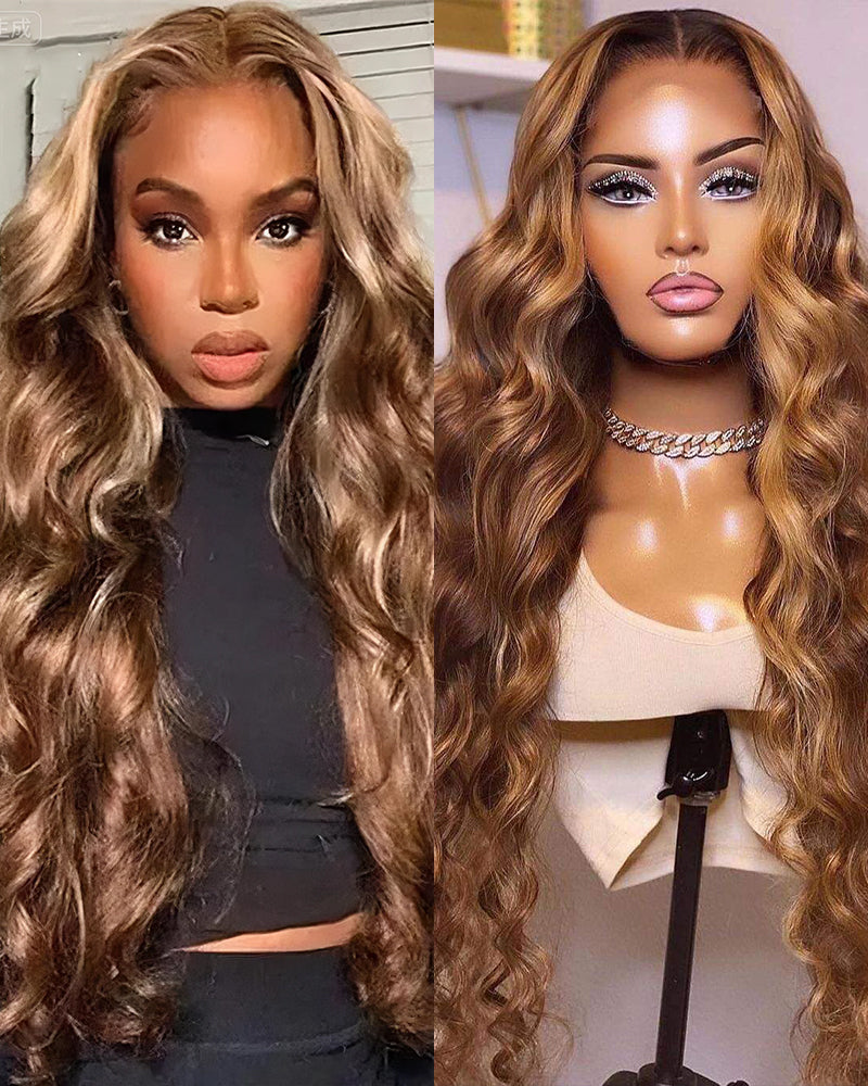 Arabella 13x4/6x5 Lace Honey Blonde Highlights On Brown Wig Body Wave Wig Invisible Knots Realistic Hairline
