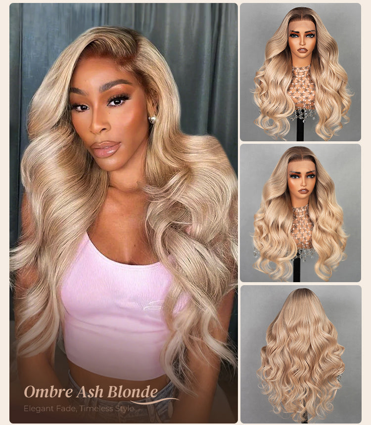 Woman Wearing Ombre Ash Blonde Human Wig