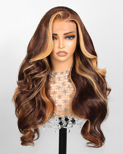 Arabella 13x4 Frontal Lace Brown Highlight Loose Body Wave Wig Invisible Knots Realistic Hairline