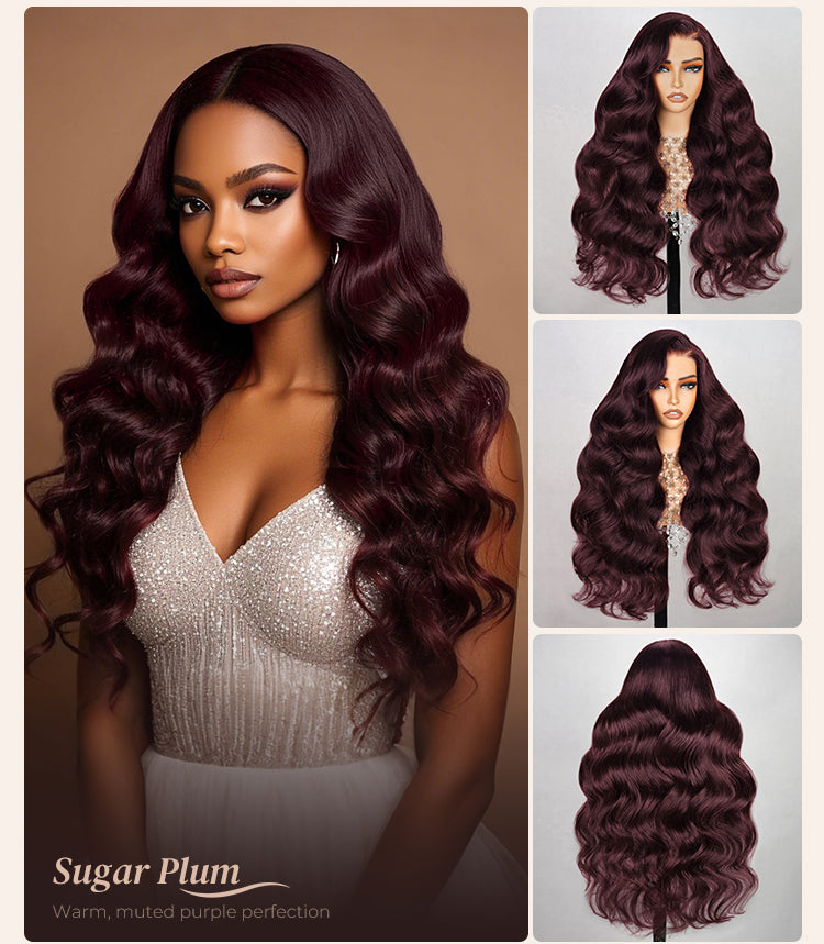 Collage of Plum Wig on Model and Mannequin