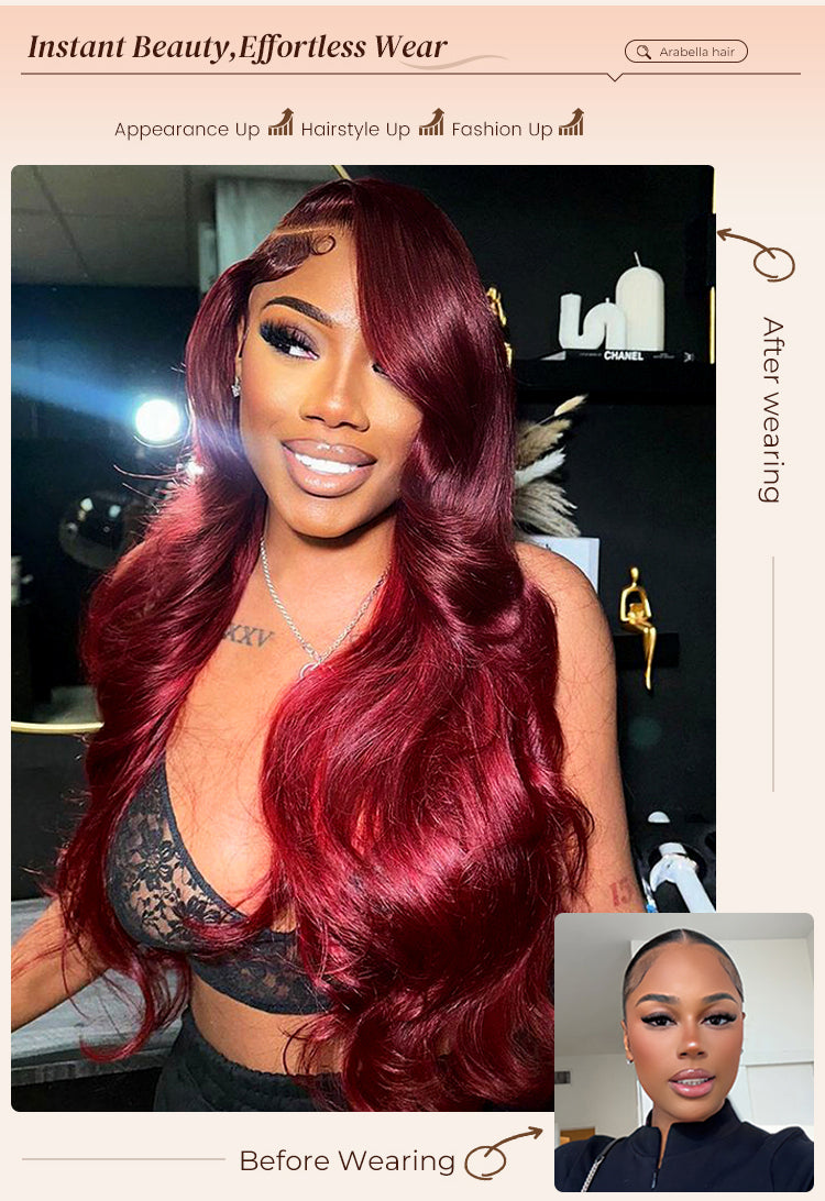 Before and After Wearing Cherry Red Wig on Woman