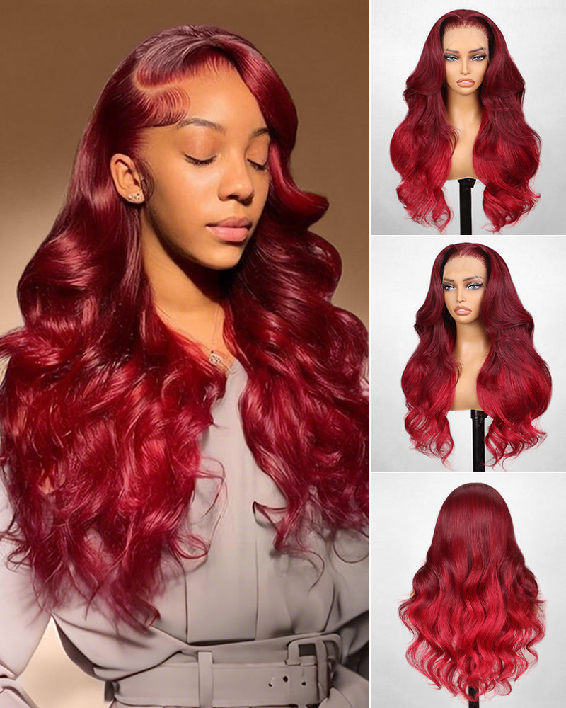 Arabella 13x4 Frontal Lace Cherry Red Ombre 99J39J Colored Wig Loose Body Wave Wig Invisible Knots Realistic Hairline