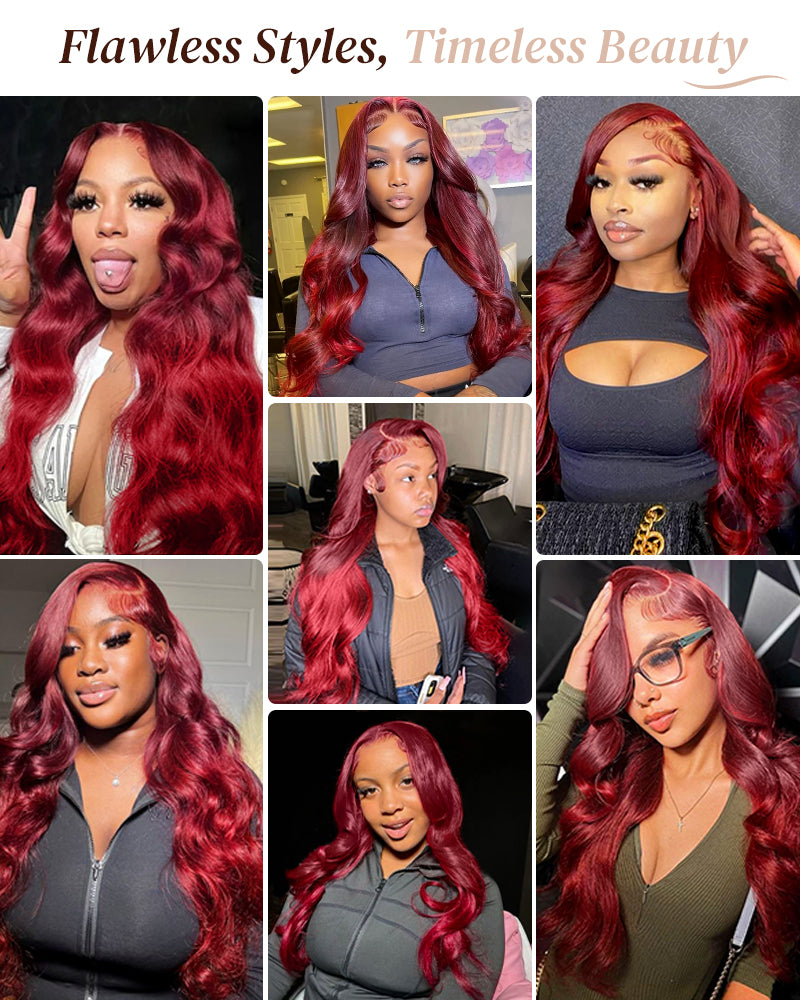 Arabella 13x4 Frontal Lace Cherry Red Ombre 99J39J Colored Wig Loose Body Wave Wig Invisible Knots Realistic Hairline