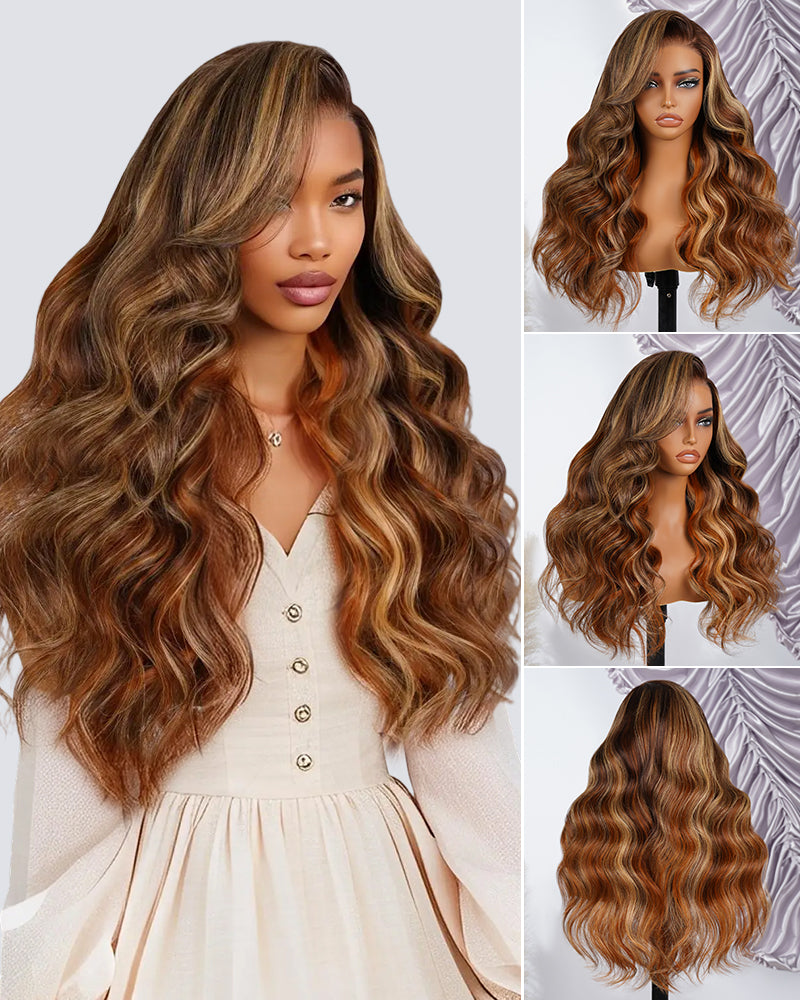 Arabella 6x5 Invisible Knots Glueless Brown Ombre Highlights Loose Body Wave Wig Pre-cut Lace Beginner Friendly