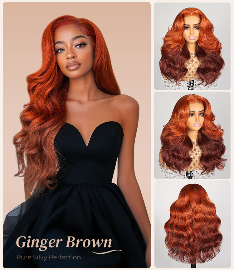 Collage of Ginger Brown Loose Body Wig on Model and Mannequin