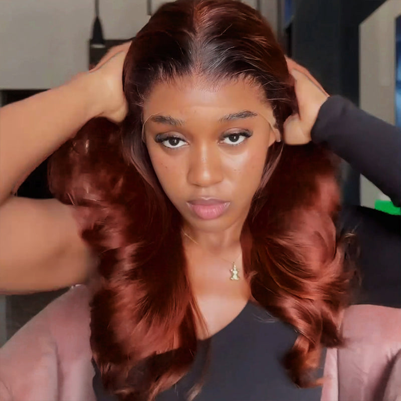 Ombre Brown Wig with Reddish Brown Loose Body Wave Glueless 6-Inch Deep Lace Middle Part Human Hair