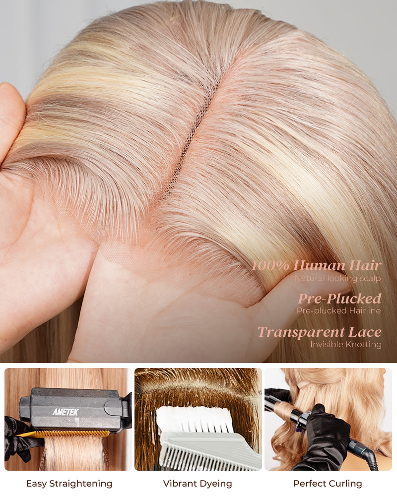 Arabella 6x5 Invisible Knots Glueless Blonde Highlight Straight Bob Wig Pre-cut Lace Beginner Friendly