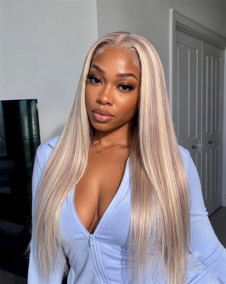24” = $163 | 6x5 Lace Blonde Highlight Silky Straight Colored Wig Invisible Knots Realistic Hairline