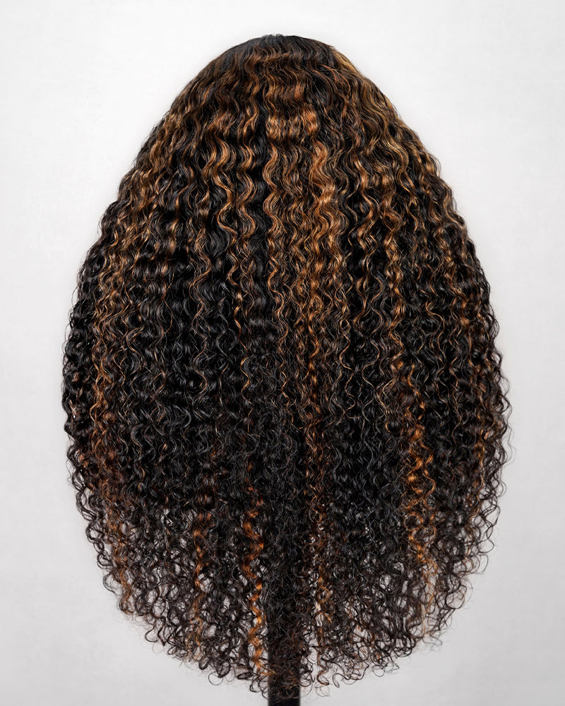 Arabella V-Part Lace Glueless Auburn Highlights on Black Hair Jerry Curly Wig Invisi Drawstring Clip &amp; Go