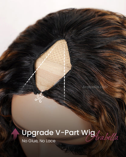 Arabella V-Part Lace Glueless Auburn Highlights on Black Hair Jerry Curly Wig Invisi Drawstring Clip &amp; Go