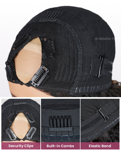 Arabella V-Part Lace Glueless Auburn Highlights on Black Hair Jerry Curly Wig Invisi Drawstring Clip &amp; Go