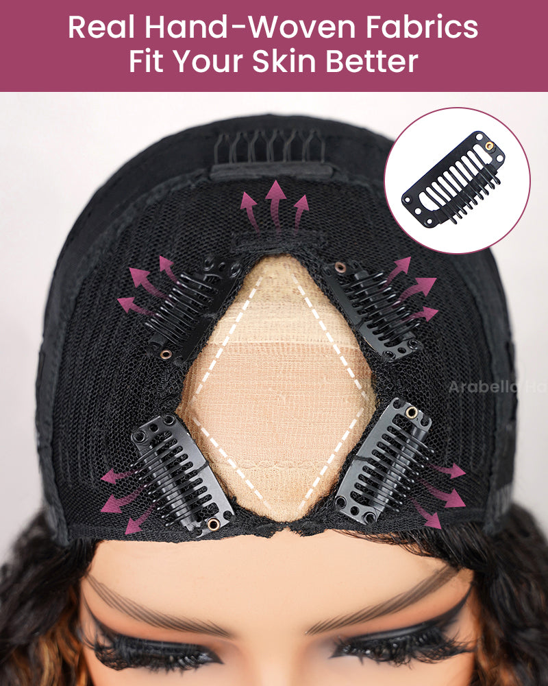 Arabella V-Part Lace Glueless Auburn Highlights on Black Hair Jerry Curly Wig Invisi Drawstring Clip &amp; Go