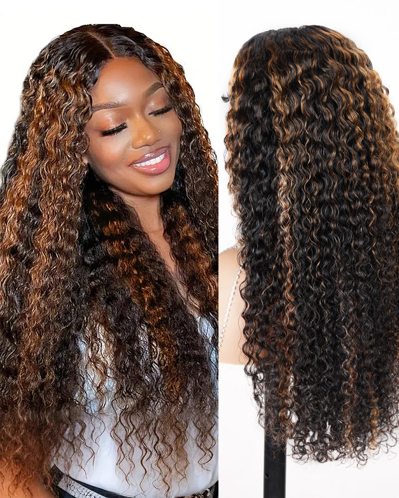 Arabella V-Part Lace Glueless Auburn Highlights on Black Hair Jerry Curly Wig Invisi Drawstring Clip &amp; Go