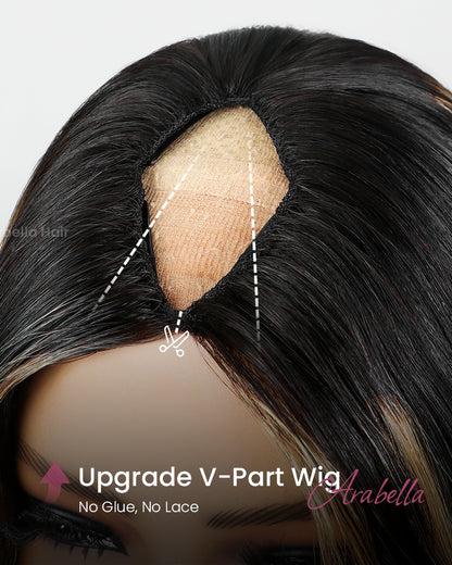 Arabella V-Part Lace Glueless Balayage Highlight Body Wave Wig Invisi Drawstring Clip &amp; Go