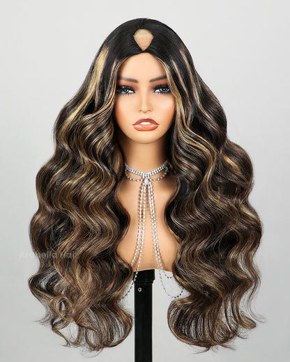 Arabella V-Part Lace Glueless Balayage Highlight Body Wave Wig Invisi Drawstring Clip &amp; Go