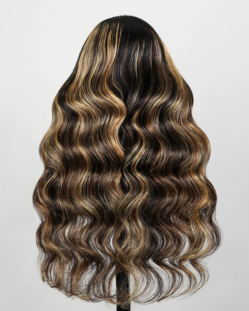 Arabella V-Part Lace Glueless Balayage Highlight Body Wave Wig Invisi Drawstring Clip &amp; Go