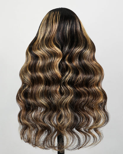 Arabella V-Part Lace Glueless Balayage Highlight Body Wave Wig Invisi Drawstring Clip &amp; Go