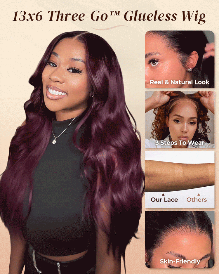 Arabella 13x6/6x5 Glueless Wig Dark Plum Body Wave Wig Invisible Knots Realistic Hairline