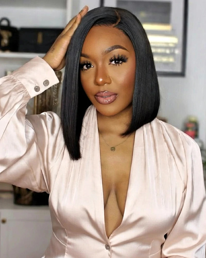 Arabella 6x5 Invisible Knots Glueless &amp; 13x4 Frontal Lace Straight Bob Wig Pre-cut Lace Natural Black Beginner Friendly