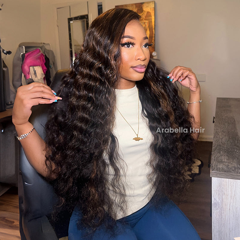 Arabella 13x4 Frontal Lace Auburn Highlights on Black Hair Loose Deep Wave Wig Invisible Knots Realistic Hairline