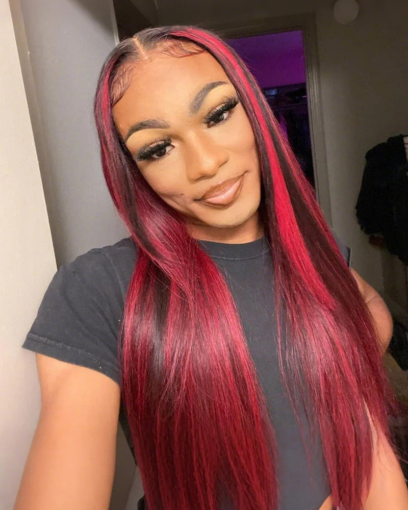 Arabella 13x4 Frontal Lace Red Highlight Straight Wig Invisible Knots Realistic Hairline
