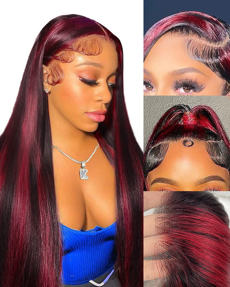 Arabella 13x4 Frontal Lace Red Highlight Straight Wig Invisible Knots Realistic Hairline